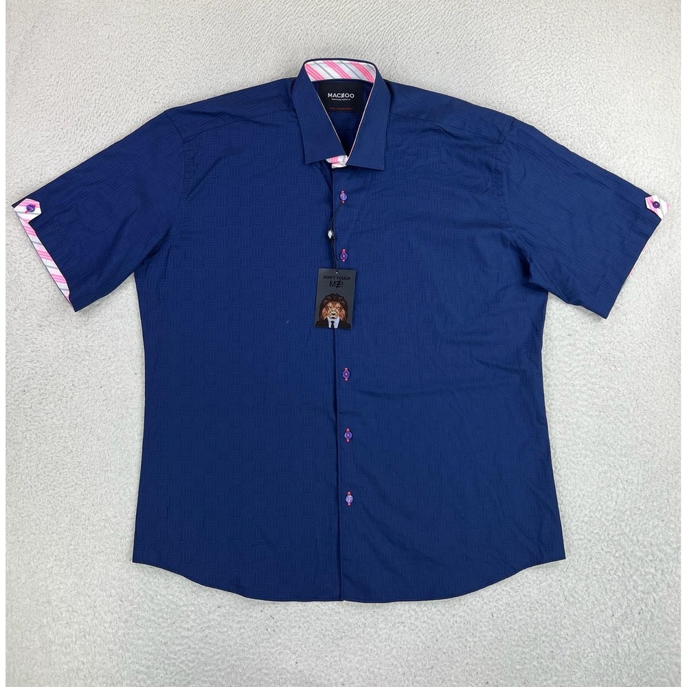 Maceoo Shirt Men's 2XL Blue Geometric Jacquard Short Sleeve Button Up Casual